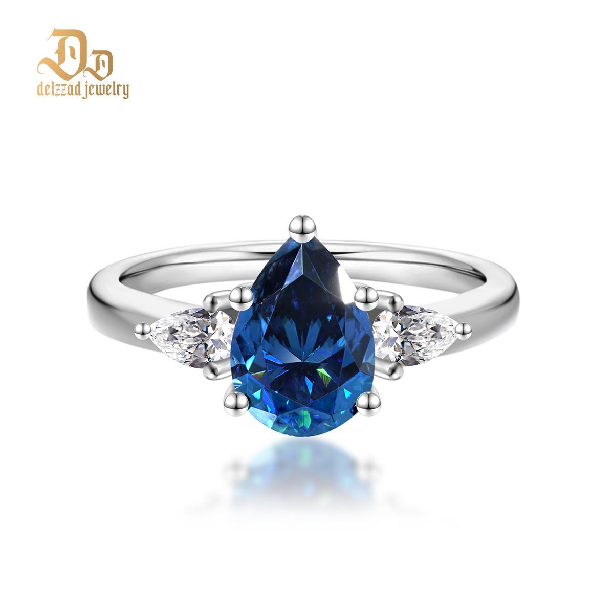 Delzzad 2ct Pear Synthetic Moissanite Three Stones Ring In 925 Sterling Silver
