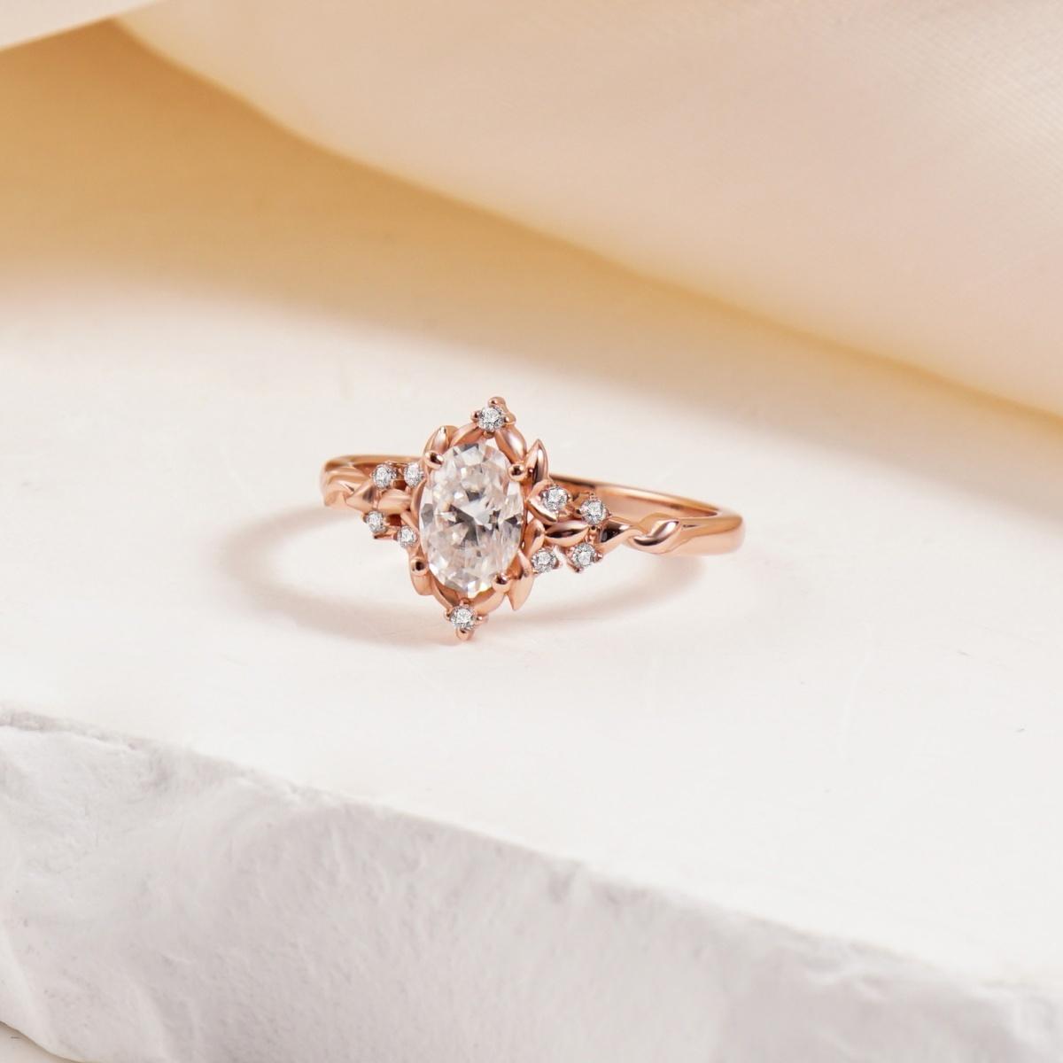 Delzzad 1ct Love Blossom Ring Oval Cut Synthetic Moissanite Ring Jewelry S925 Elegant Rose Golden Engagement Ring Nature Inspired Promise Ring for Women Perfect Birthday Engagement Wedding Anniversary Christmas Gift