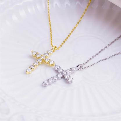 Delzzad Luna Blessing Necklace Cross Pendant Necklace VVS Synthetic Moissanite Pendant Jewelry for Men Women Copper Chain