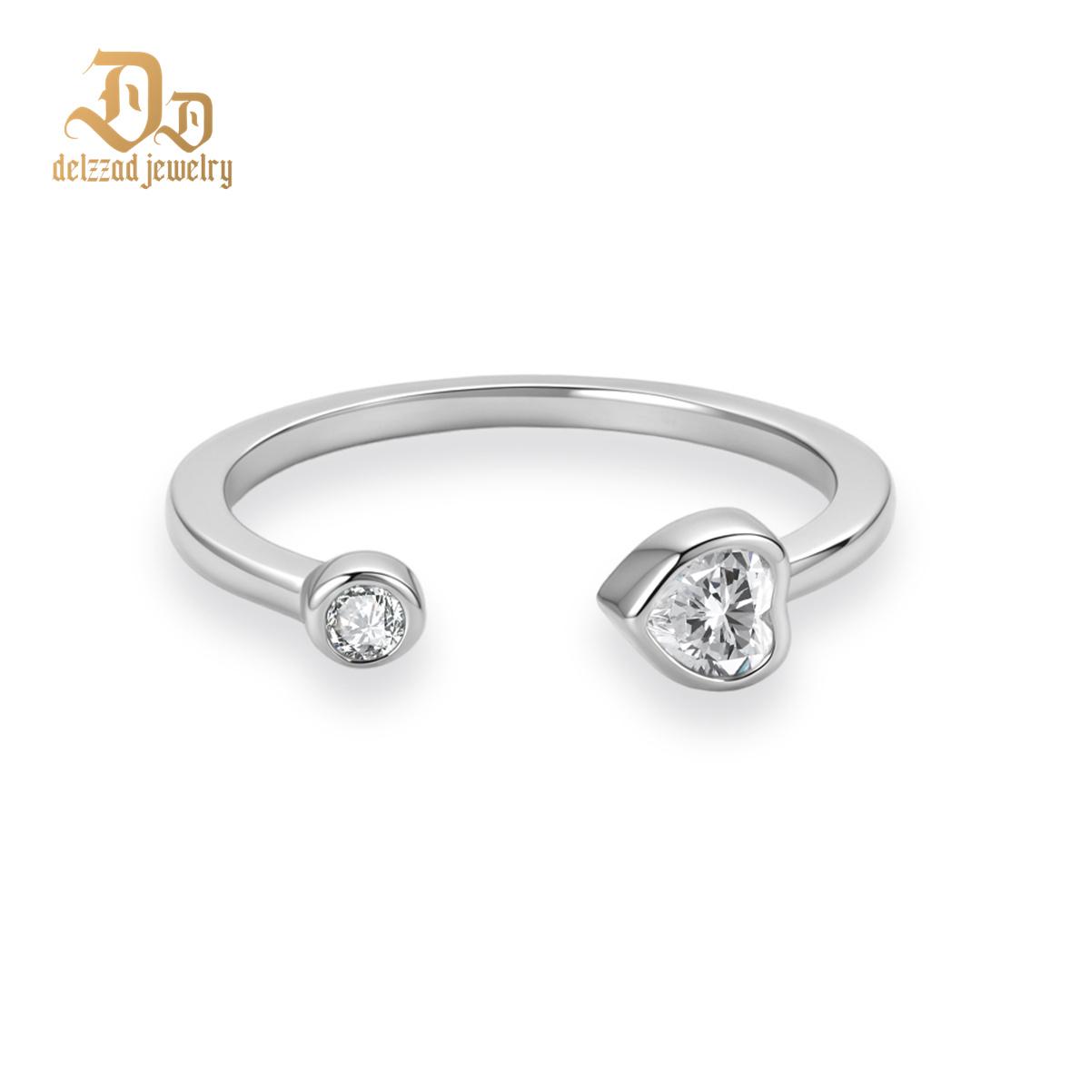 Delzzad 0.3ct The Whimsical Duo Open Ring Adjustable Heart Ring Band VVS Synthetic Moissanite Ring Jewelry Copper Band