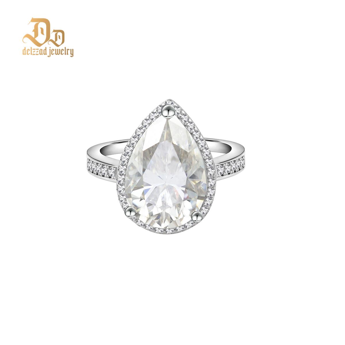 Delzzad 5ct Pear Synthetic Moissanite Halo Ring In 925 Sterling Silver