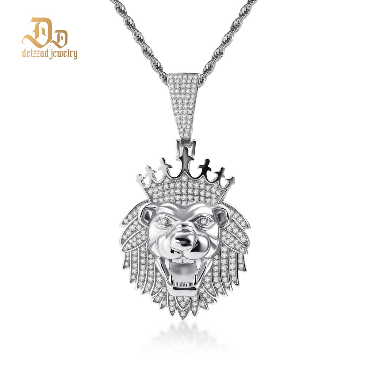 Iced Out Crown Lion Head Copper Pendant Hip Hop Lion Necklace