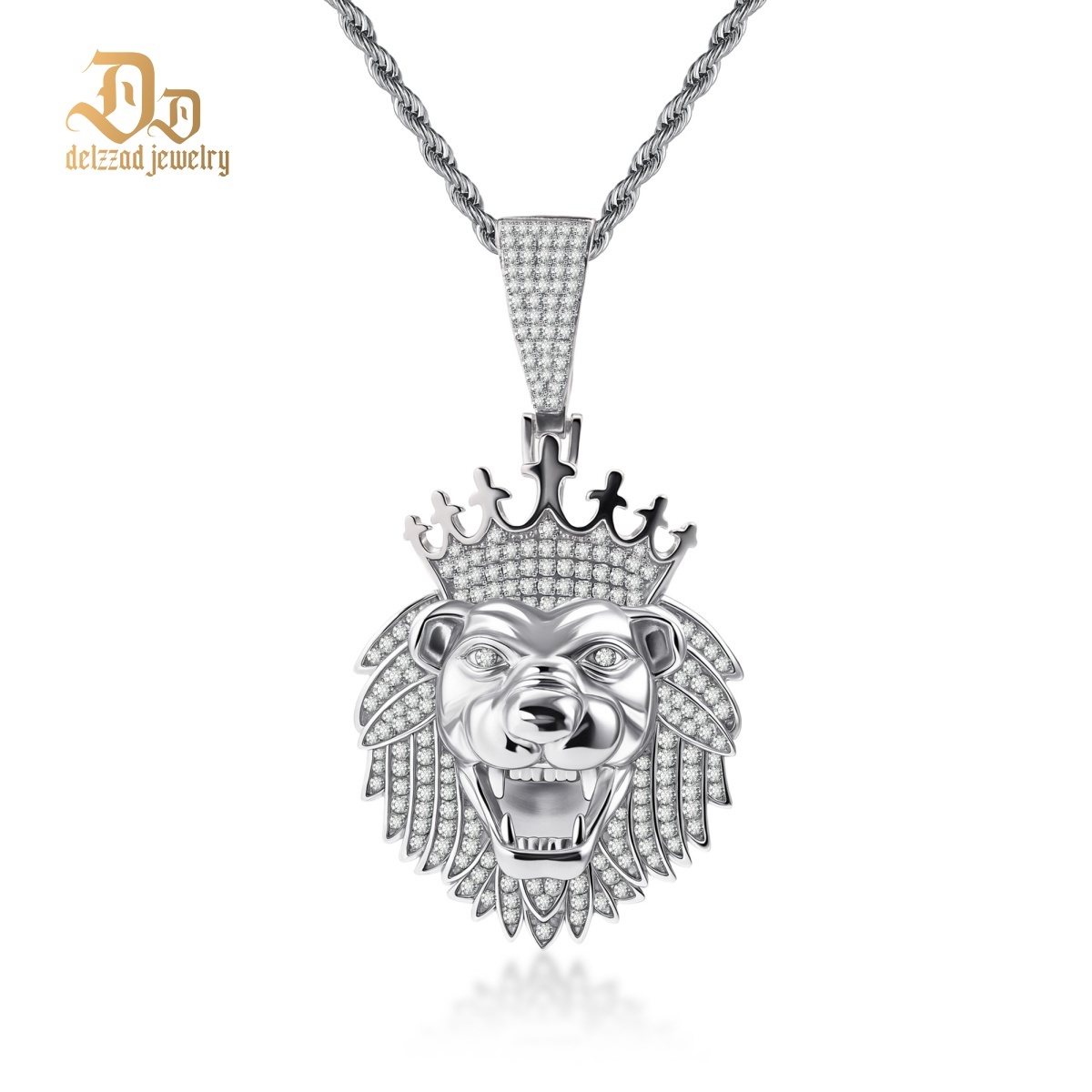 Iced Out Crown Lion Head Pendant Hip Hop Lion Necklace Chain D Color VVS Synthetic Moissanite Copper Chain