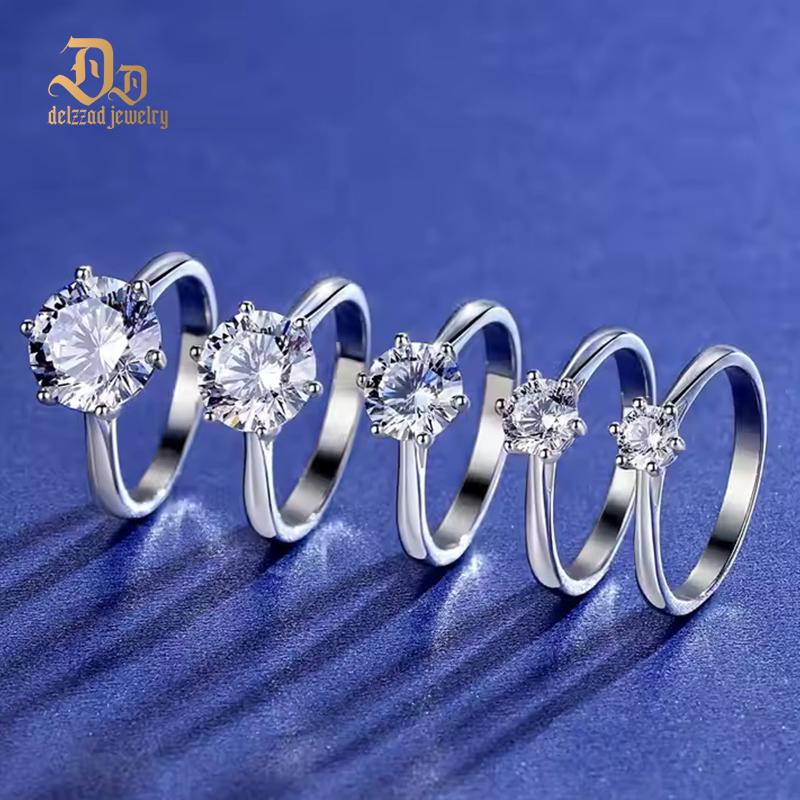 Delzzad S925 1-2ct Round VVS Synthetic Moissanite Classic Six-Prong Ring Band Anniversary Valentine's Day Gifts