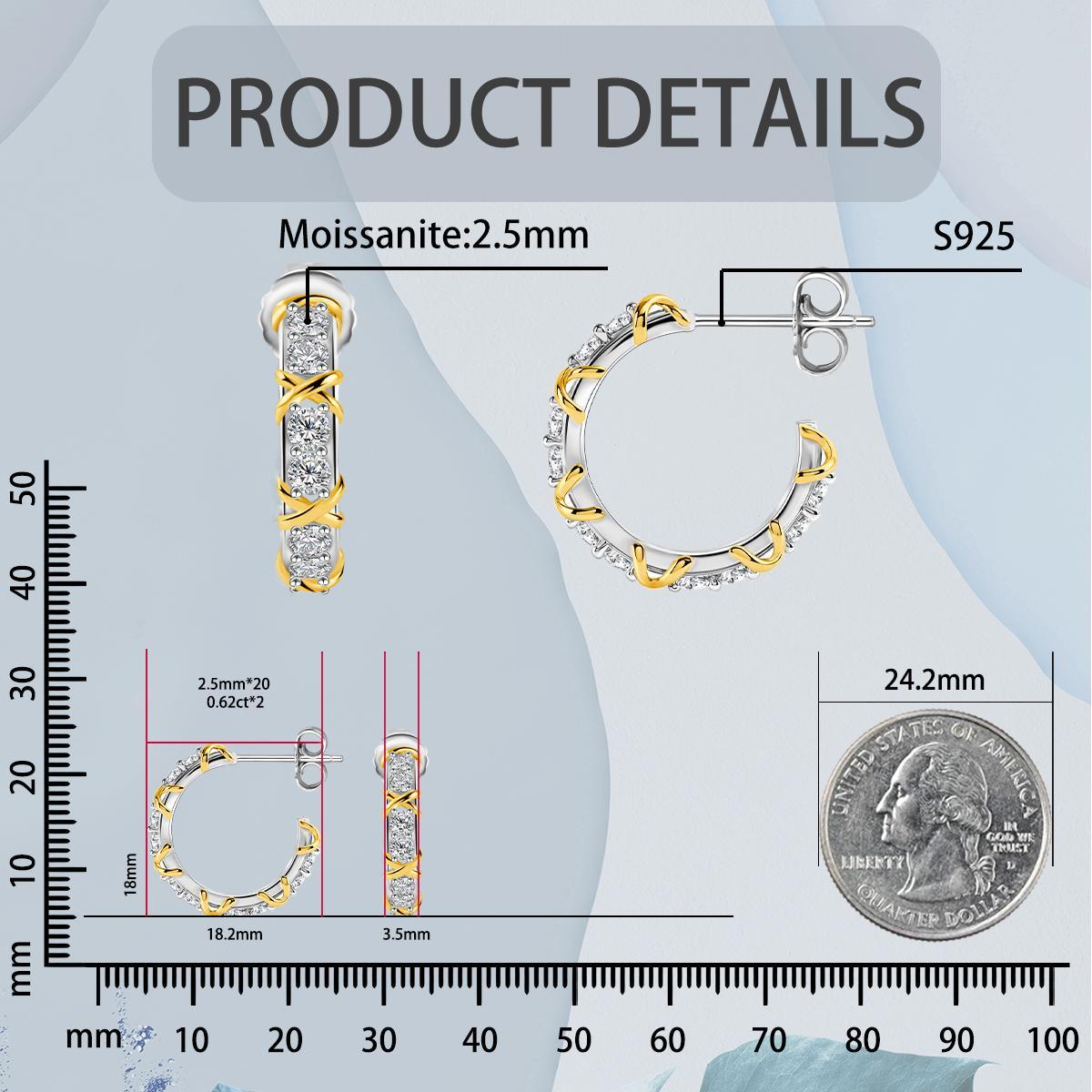 Delzzad Round Dipped Two-Tone Crossover Hoop Earrings S925 & D Color VVS Synthetic Moissanite