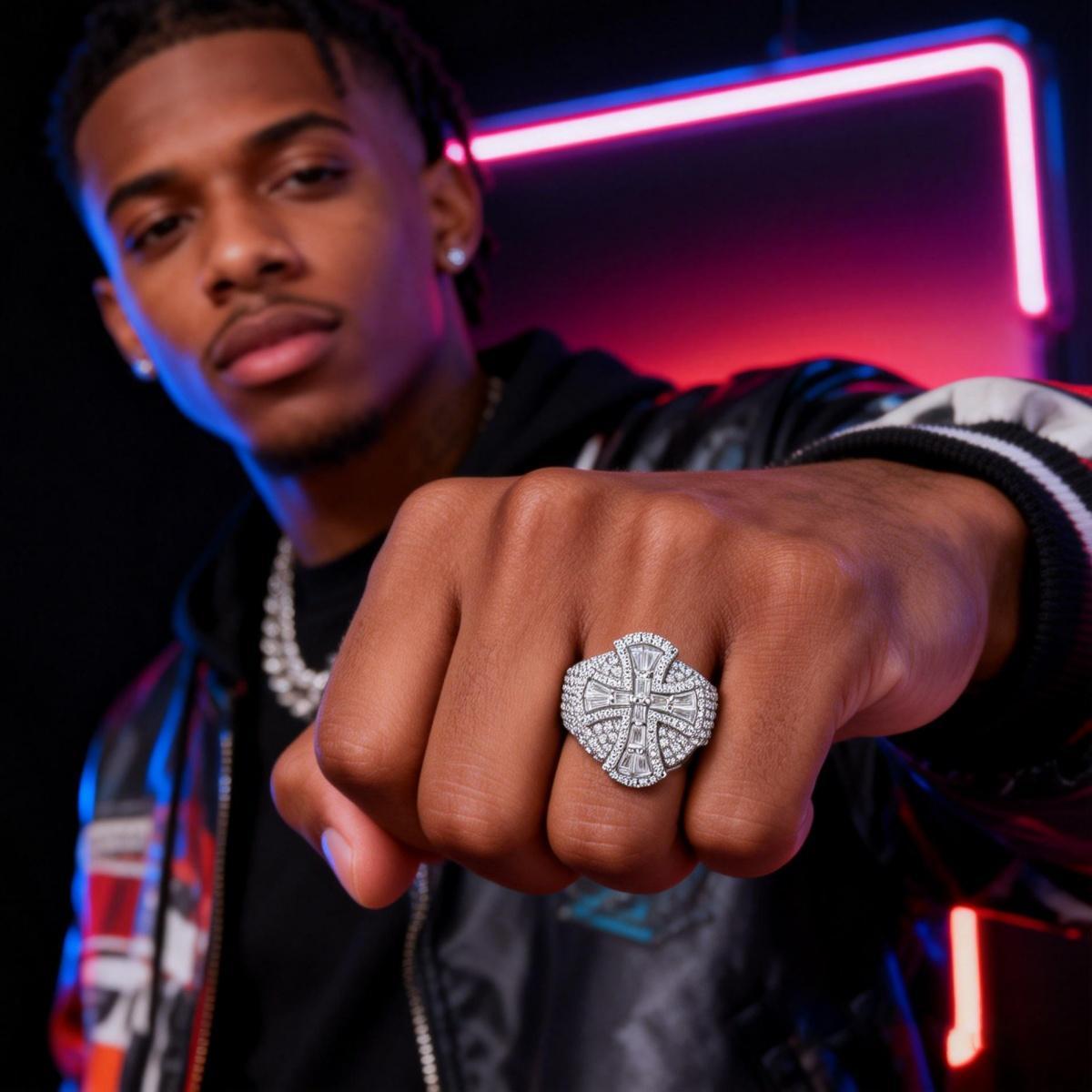 2ct Eternal Pillar Ring Fully Iced Out Ring Hip Hop Gothic Cross Ring VVS Synthetic Moissanite Ring Jewelry Copper Band