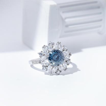 Delzzad 3ct Hundreds Faces Round Synthetic Moissanite Flower Ring In 925 Sterling Silver