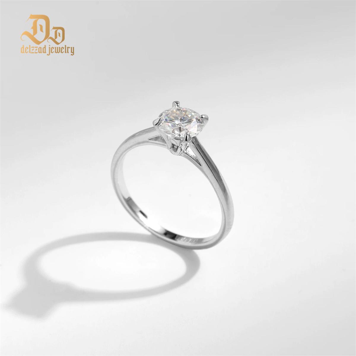Delzzad S925 1-2ct Round VVS Synthetic Moissanite Solitaire Four-Prong Ring Band Engagement Wedding Valentine's Day Gifts For Her