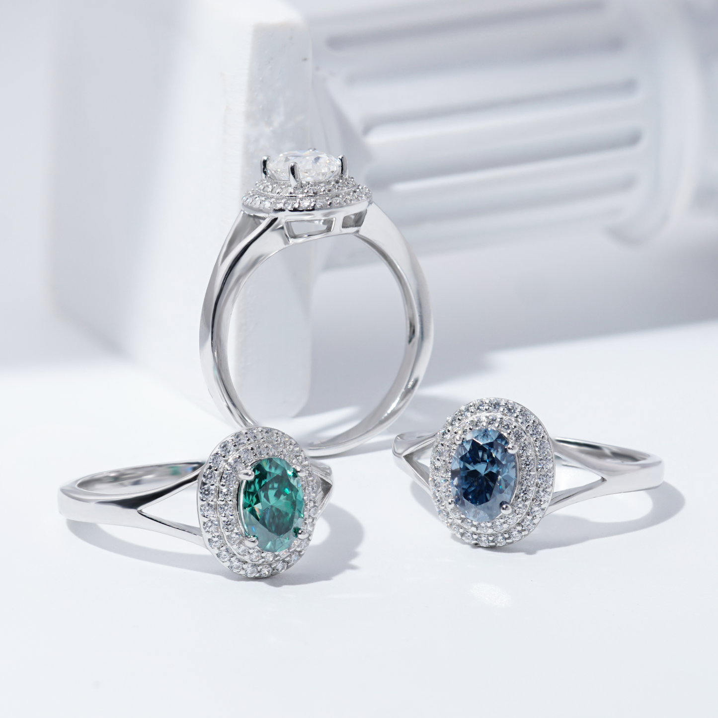 Delzzad 1ct Oval Synthetic Moissanite Double Halo Ring In 925 Sterling Silver Ring Band Jewelry Perfect Birthday Engagement Wedding Anniversary Gift for Women