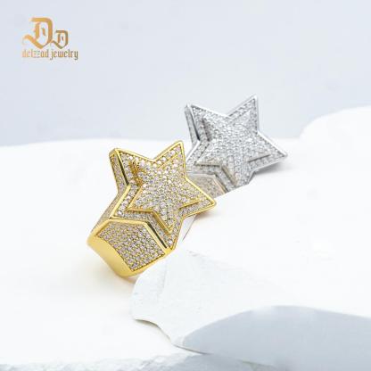 Delzzad S925 Round VVS Synthetic Moissanite Hip Hop Iced Out Stars Bling Pentagram Band Ring Valentine's Day Gifts for Men