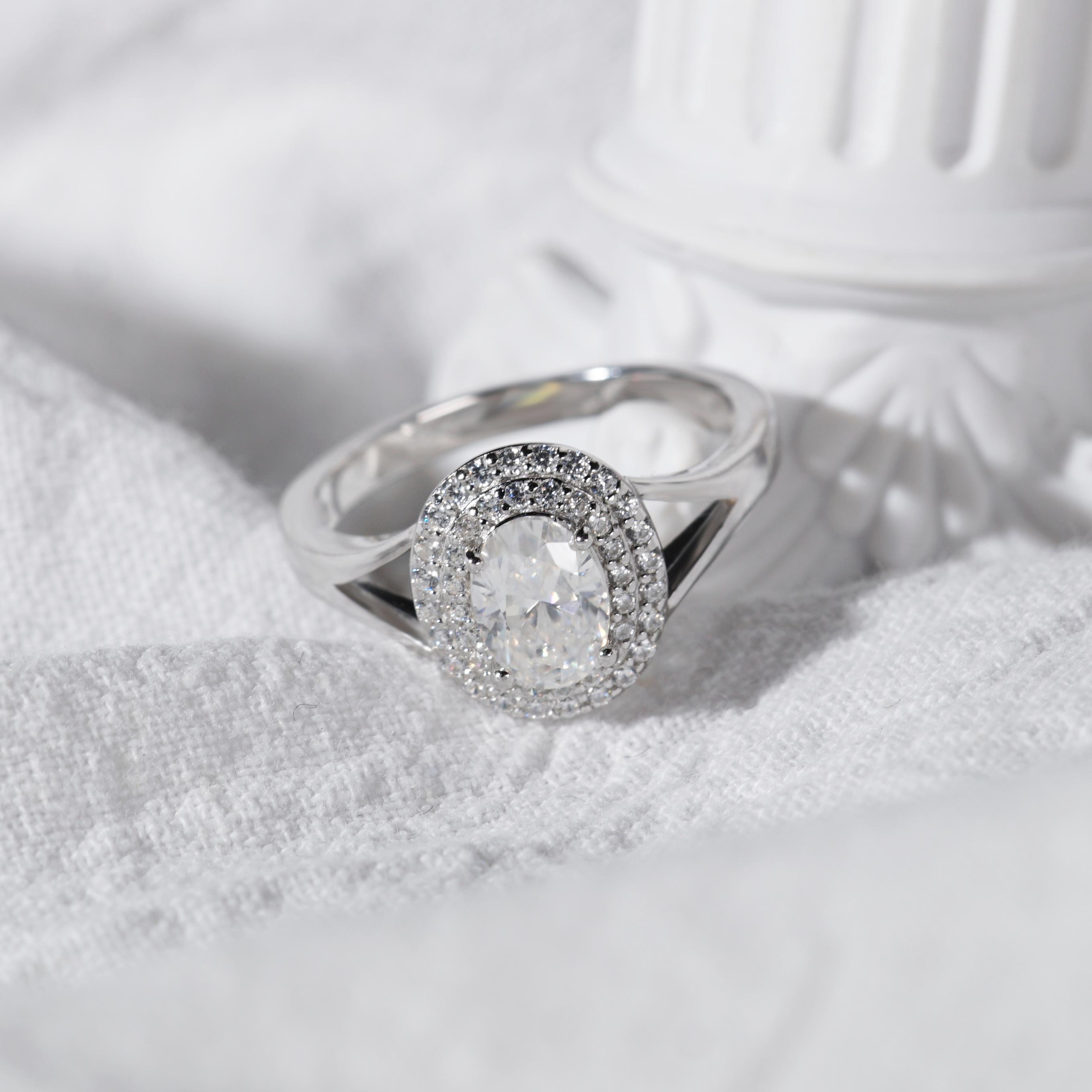 Delzzad 1ct Oval Synthetic Moissanite Double Halo Ring In 925 Sterling Silver Ring Band Jewelry Perfect Birthday Engagement Wedding Anniversary Gift for Women