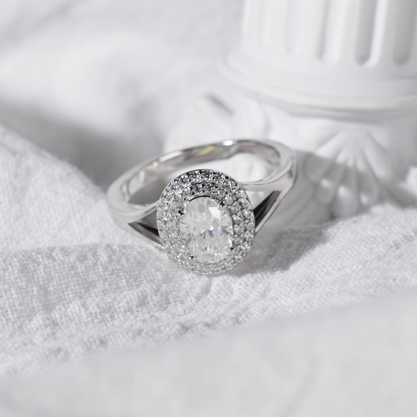 Delzzad 1ct Oval Synthetic Moissanite Double Halo Ring In 925 Sterling Silver Ring Band Jewelry Perfect Birthday Engagement Wedding Anniversary Gift for Women