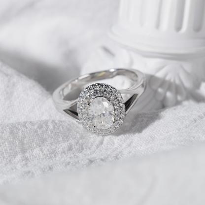 Delzzad 1ct Oval Synthetic Moissanite Double Halo Ring In 925 Sterling Silver Ring Band Jewelry Perfect Birthday Engagement Wedding Anniversary Gift for Women