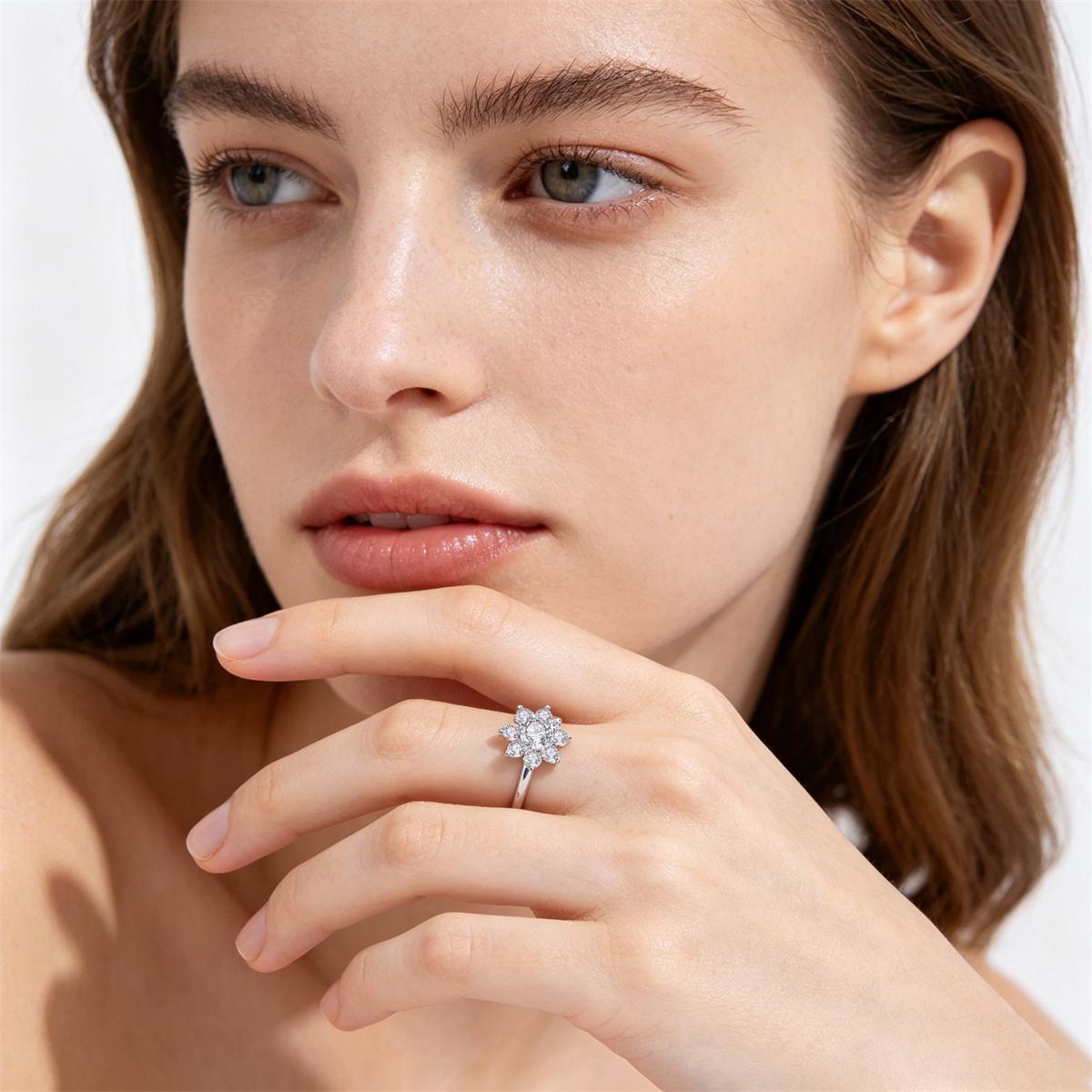 Delzzad 1ct Solstice Bloom Ring Flower Cluster Ring Floral Halo Engagement Ring Band VVS Synthetic Moissanite Ring Jewelry Copper Band