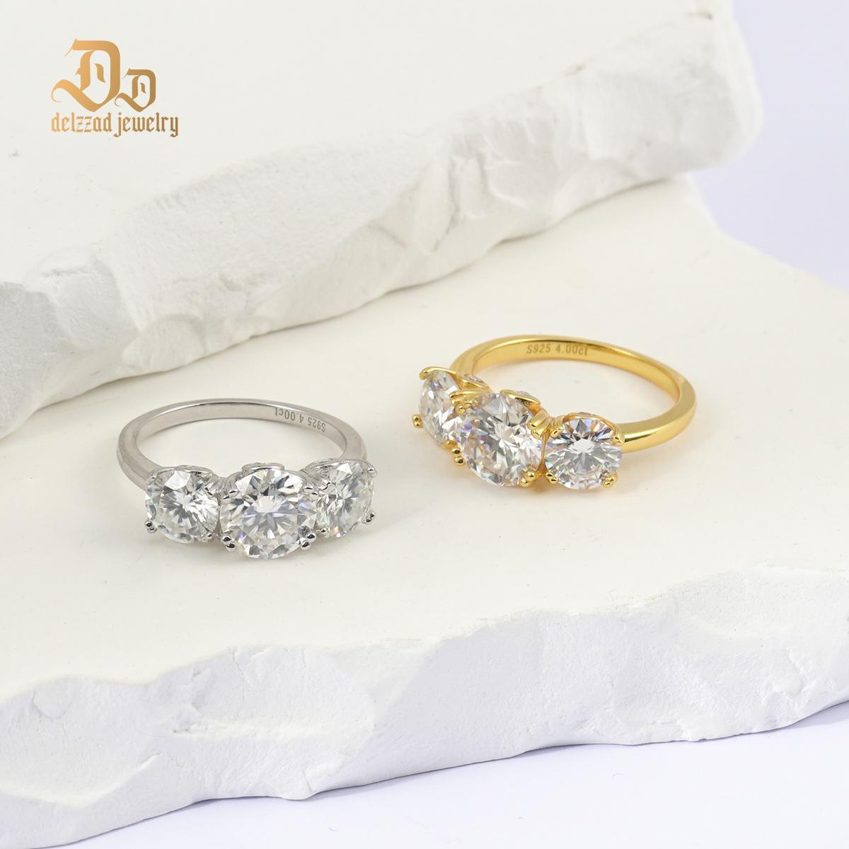 Delzzad S925 Round Cut VVS Synthetic Moissanite Three-Stone Prong Engagement Ring