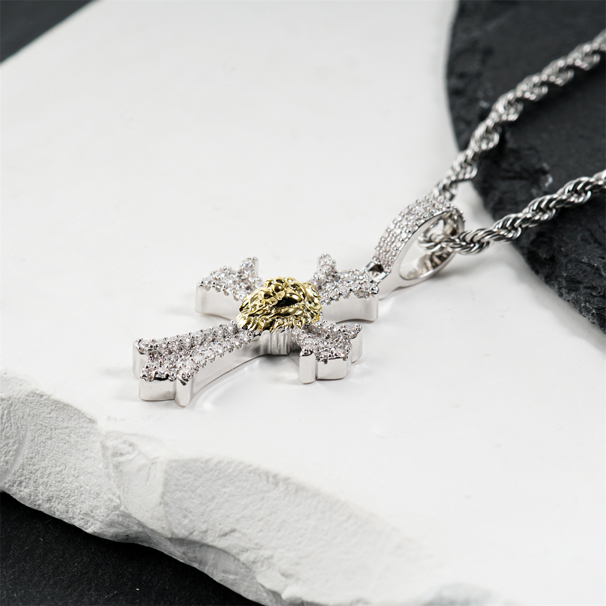 Delzzad 1ct Heart of Valor Pendant Lion Cross Charm Pendant Necklace Chain VVS Synthetic Moissanite Pendant Jewelry Copper Unisex Hip Hop Pendant