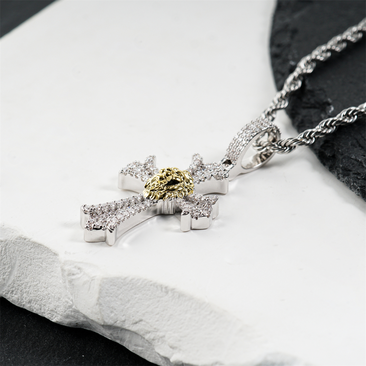 Delzzad 1ct Heart of Valor Pendant Lion Cross Charm Pendant Necklace Chain VVS Synthetic Moissanite Pendant Jewelry Copper Unisex Hip Hop Pendant