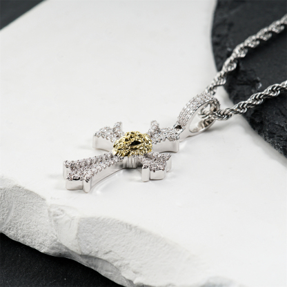 Delzzad 1ct Heart of Valor Pendant Lion Cross Charm Pendant Necklace Chain VVS Synthetic Moissanite Pendant Jewelry Copper Unisex Hip Hop Pendant