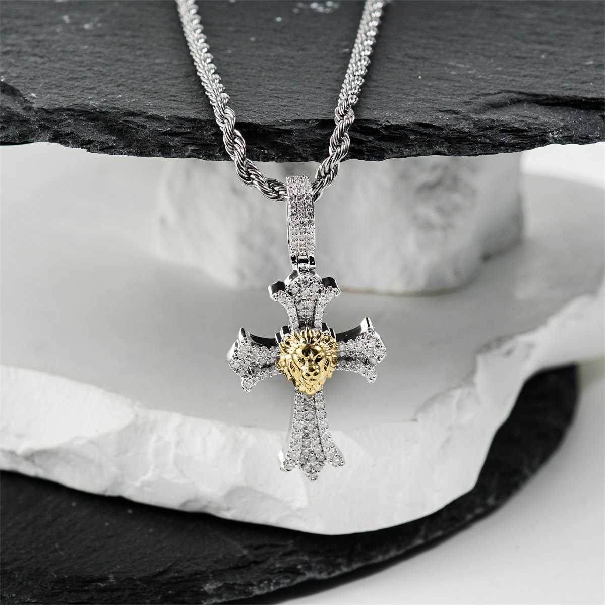 Delzzad 1ct Heart of Valor Pendant Lion Cross Charm Pendant Necklace Chain VVS Synthetic Moissanite Pendant Jewelry Copper Unisex Hip Hop Pendant