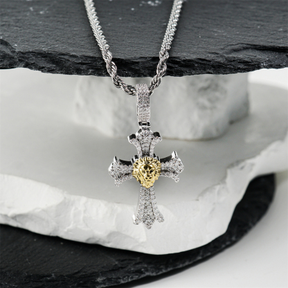 Delzzad 1ct Heart of Valor Pendant Lion Cross Charm Pendant Necklace Chain VVS Synthetic Moissanite Pendant Jewelry Copper Unisex Hip Hop Pendant