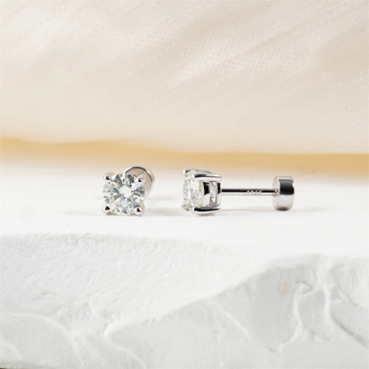 Parallel Dream Solitaire Four-Prong Stud Earrings Flat Back Earrings Screw-on Synthetic Moissanite Earrings Jewelry S925 Sterling Silver Studs