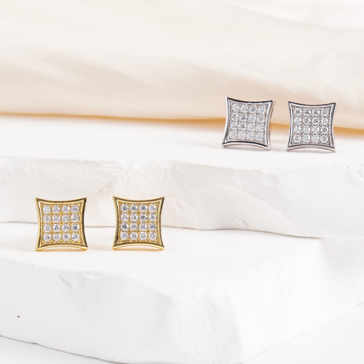 Delzzad Hip Hop Cubic Stud Earrings VVS Synthetic Moissanite S925 Stud Square Earrings Unisex Ear Piercing Jewelry Perfect Birthday Engagement Anniversary Mother’s Day Christmas Gift for Men Women Silver Earrings Golden Earrings Wedding Set