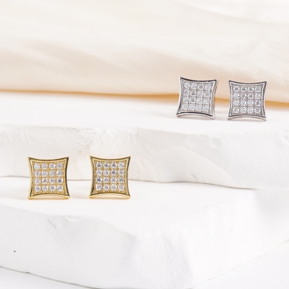 Delzzad Hip Hop Cubic Stud Earrings VVS Synthetic Moissanite S925 Stud Square Earrings Unisex Ear Piercing Jewelry Perfect Birthday Engagement Anniversary Mother’s Day Christmas Gift for Men Women Silver Earrings Golden Earrings Wedding Set