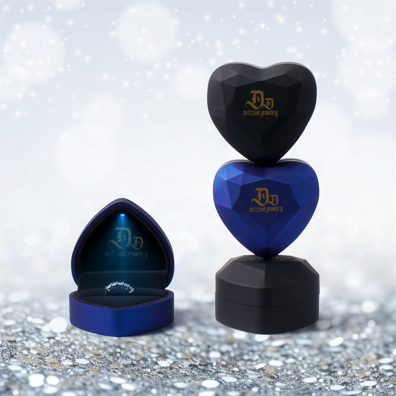 Delzzad Luxury Love Heart Jewelry Gift Box with Light Surprise Ring Heart Box Earrings Jewelry Box Christmas Gift Birthday Halloween Valentine's Day Thanksgiving Day Mother's Day Jewelry Present Box(Box Only)