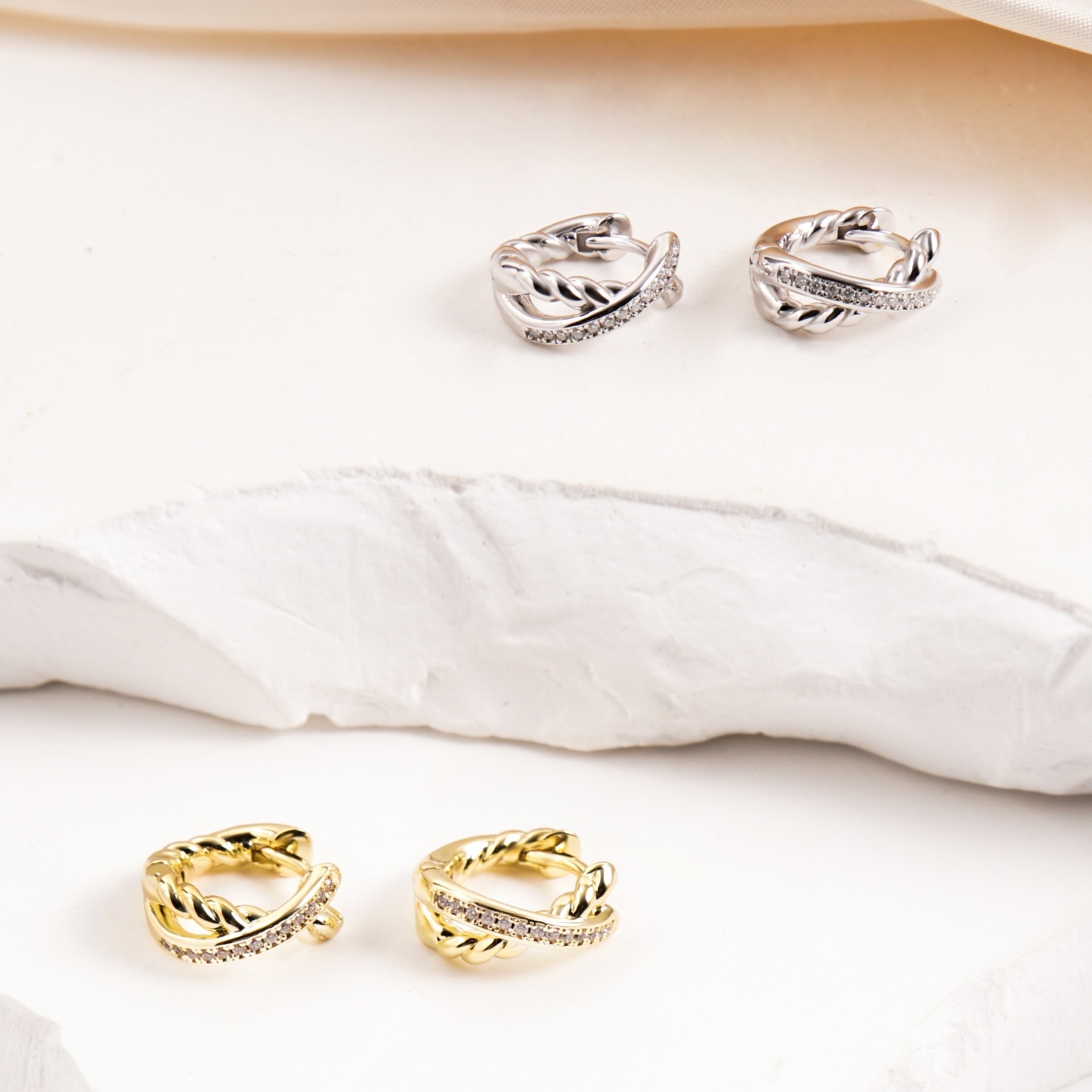 Delzzad Twist Hoop Earrings Crossover Huggies Earrings D Color VVS Synthetic Moissanite Earrings Jewelry S925 Perfect Birthday Engagement Wedding Anniversary Christmas Gift