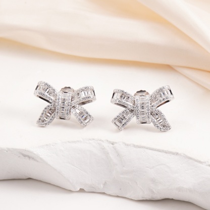 Delzzad Bow Stud Earrings Bow-knot Earrings Synthetic Moissanite S925 Stud Earrings Jewelry Perfect Birthday Mother??s Day Christmas Gift Wedding Set