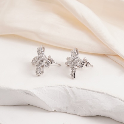 Delzzad Bow Stud Earrings Bow-knot Earrings Synthetic Moissanite S925 Stud Earrings Jewelry Perfect Birthday Mother??s Day Christmas Gift Wedding Set