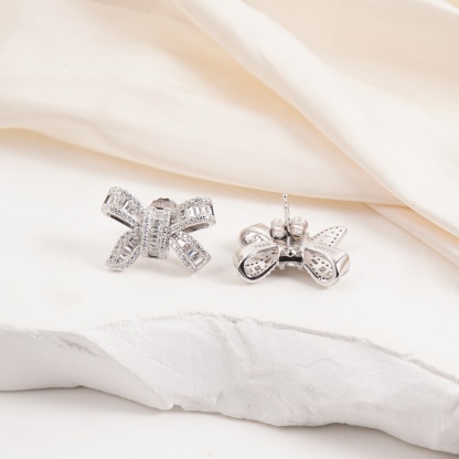 Delzzad Bow Stud Earrings Bow-knot Earrings Synthetic Moissanite S925 Stud Earrings Jewelry Perfect Birthday Mother??s Day Christmas Gift Wedding Set