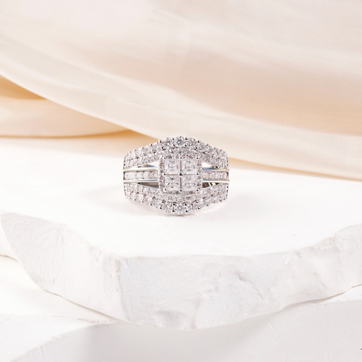 3.2ct Quad Princess Halo Copper Ring Grand Symphony Bridal Wedding Engagement Ring VVS Synthetic Moissanite Ring Jewelry
