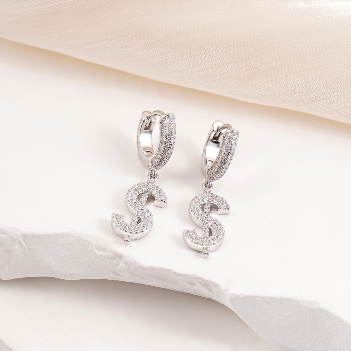 Iced Out USD Hoop Earrings VVS Synthetic Moissanite Earrings S925/Copper Hip Hop Money Symbol Hoops Dangle Earrings