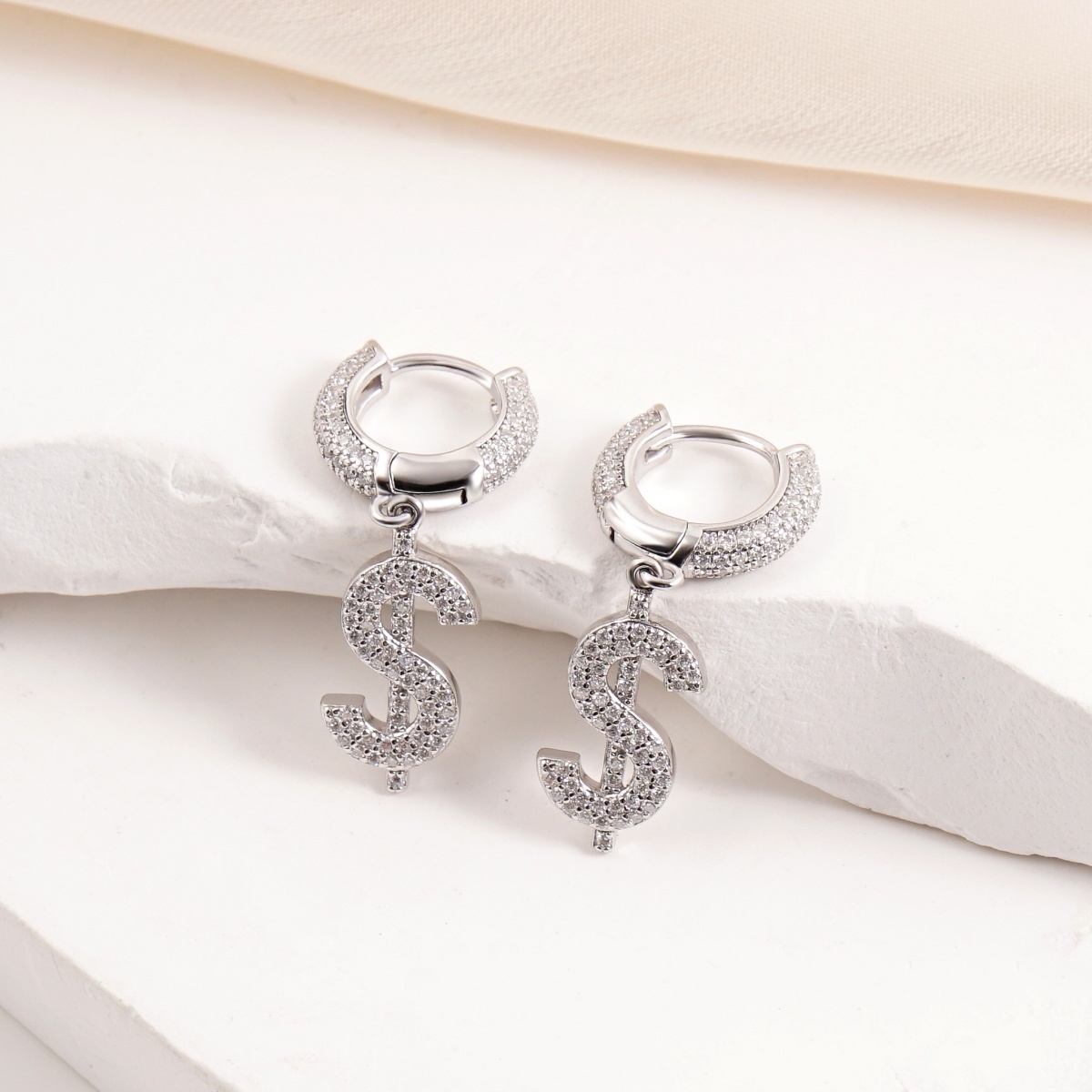 Iced Out USD Hoop Earrings VVS Synthetic Moissanite Earrings S925/Copper Hip Hop Money Symbol Hoops Dangle Earrings