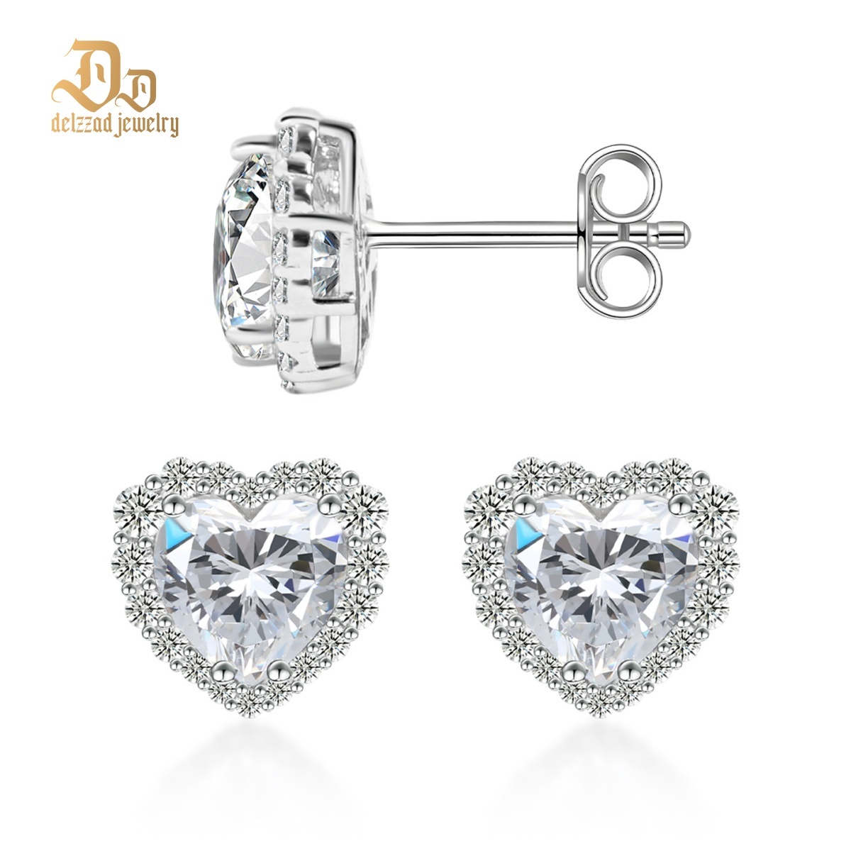??Stellar Heart? Set??Delzzad Halo Heart Stud Earrings Endless Love Pendant Necklace Jewelry Set Synthetic Moissanite S925 Necklace Earrings Jewelry Set