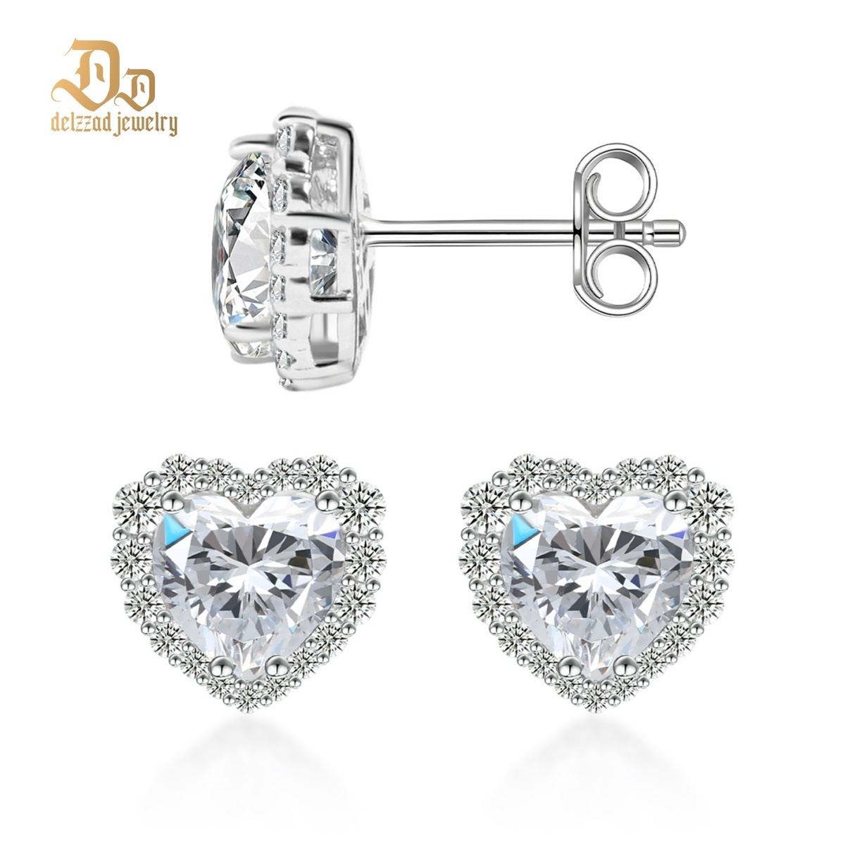 ??Stellar Heart? Set??Delzzad Halo Heart Stud Earrings Endless Love Pendant Necklace Jewelry Set Synthetic Moissanite S925 Necklace Earrings Jewelry Set