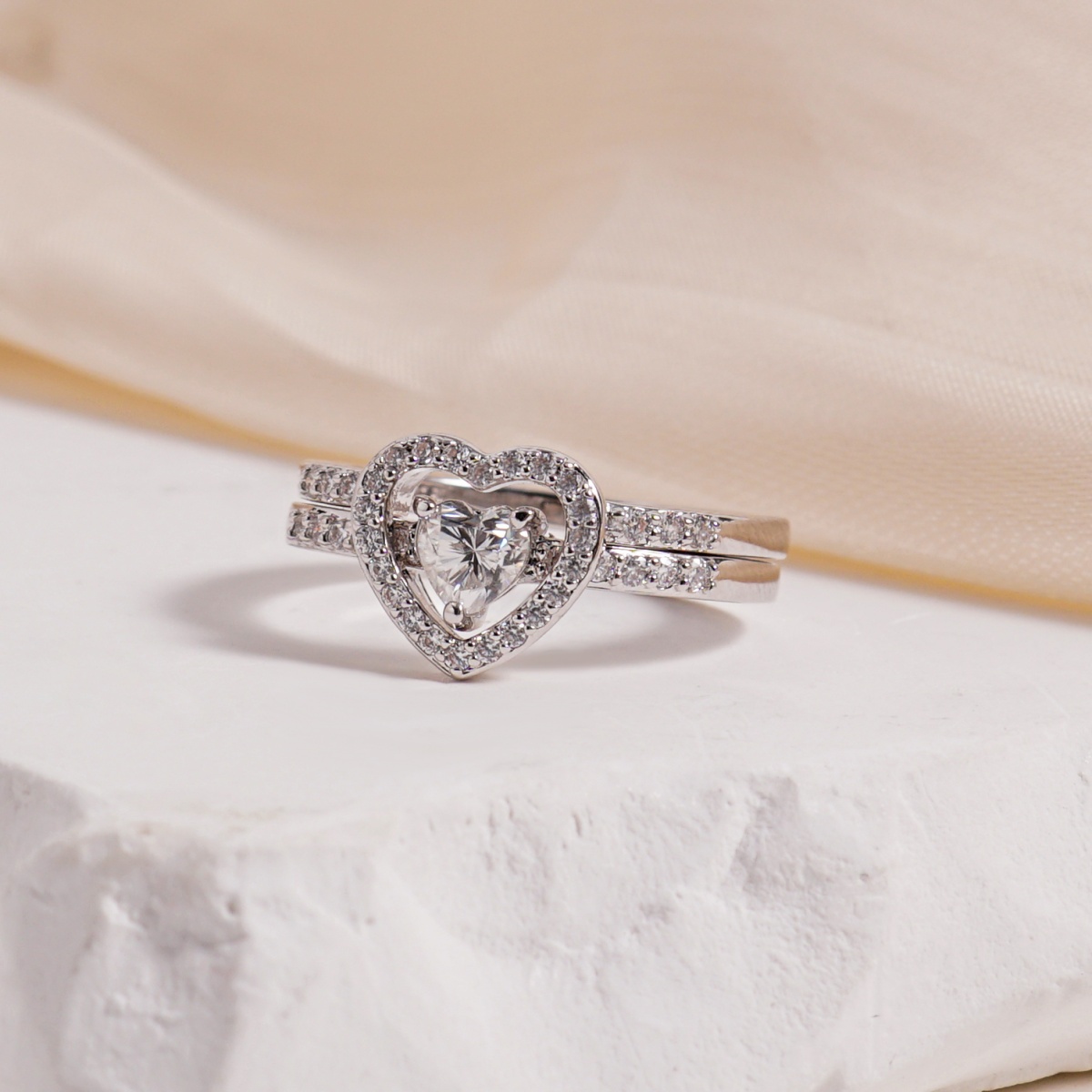 Halo Heart Cut Ring Set Heart Pair Stacking Ring Band D Color VVS Synthetic Moissanite Ring Jewelry Copper Band Wedding Band Engagement Ring Set Promise Ring