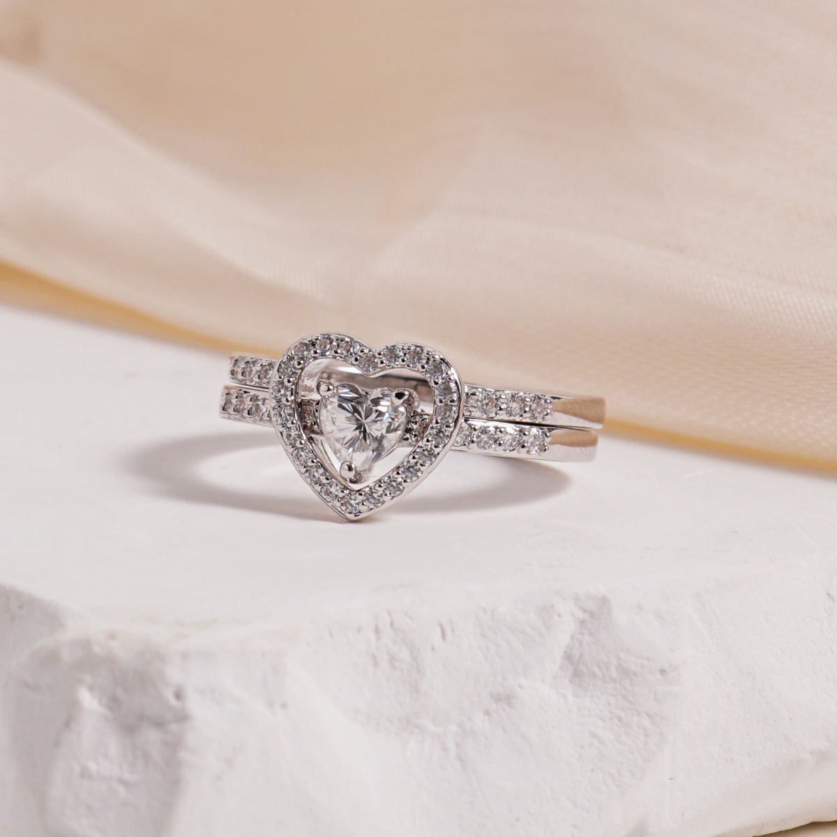 Halo Heart Cut Ring Set Heart Pair Stacking Ring Band D Color VVS Synthetic Moissanite Ring Jewelry Copper Band Wedding Band Engagement Ring Set Promise Ring