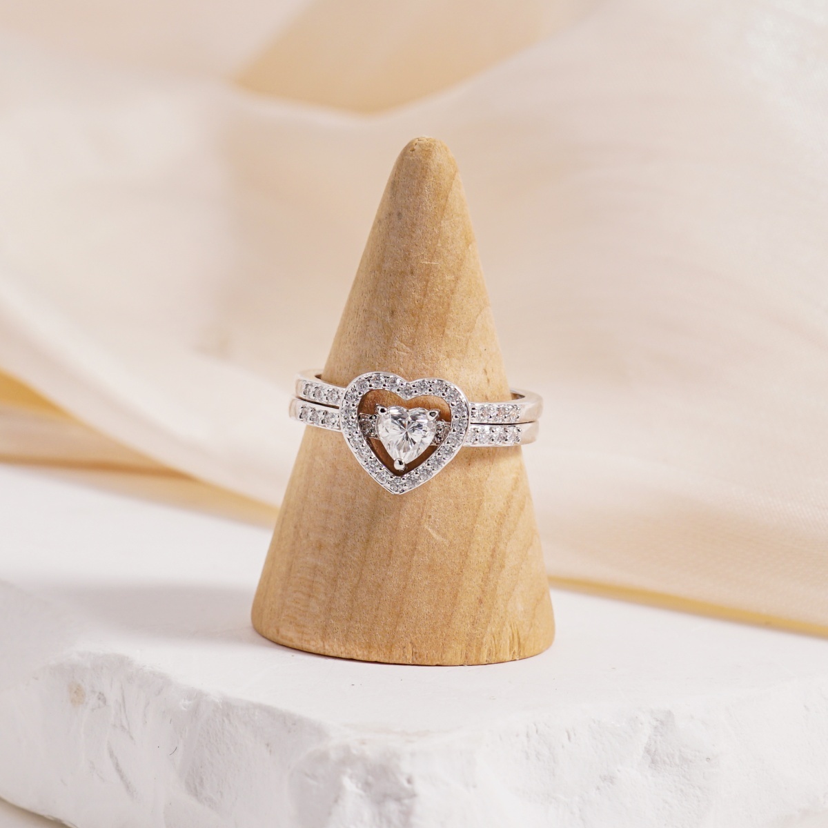 Halo Heart Cut Ring Set Heart Pair Stacking Ring Band D Color VVS Synthetic Moissanite Ring Jewelry Copper Band Wedding Band Engagement Ring Set Promise Ring