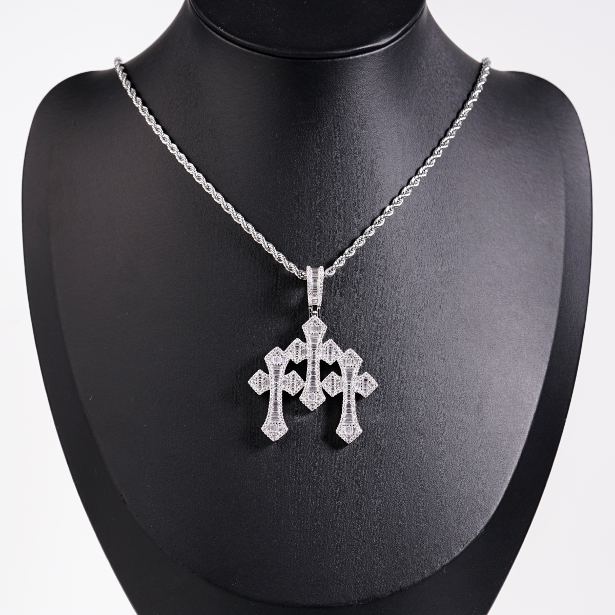 Iced Out Triple Cross Pendant Shining Grace Pendant D Color VVS Synthetic Moissanite Copper Chain