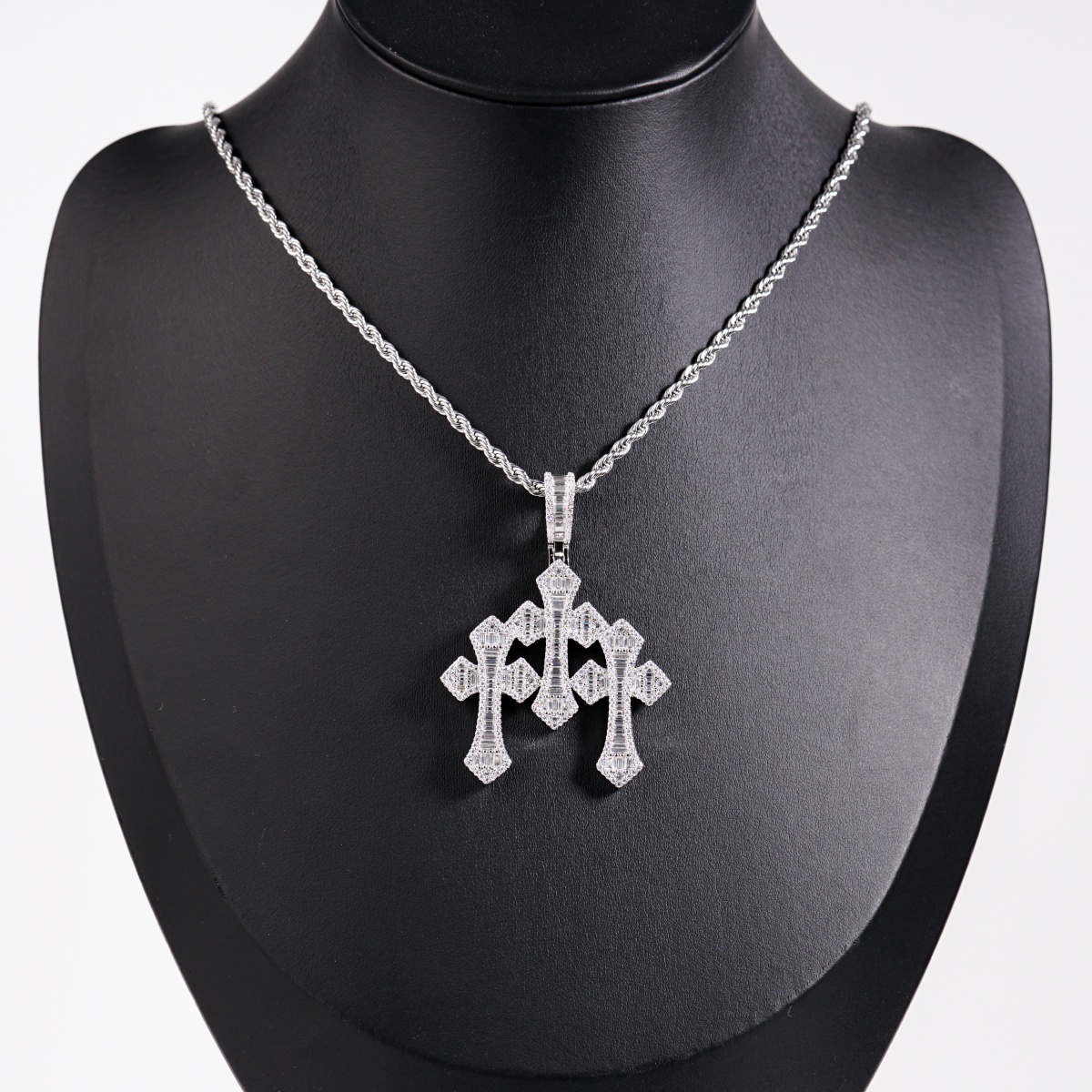 Iced Out Triple Cross Pendant Shining Grace Pendant D Color VVS Synthetic Moissanite Copper Chain