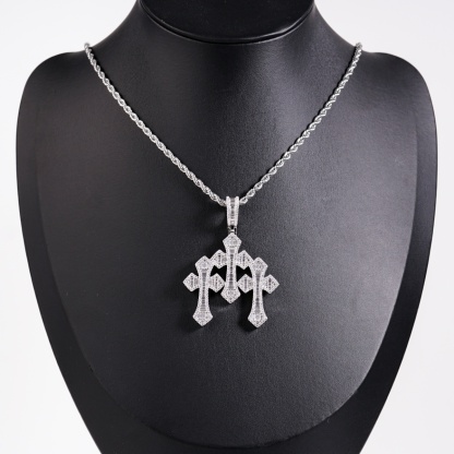 Iced Out Triple Cross Pendant Shining Grace Pendant D Color VVS Synthetic Moissanite Copper Chain