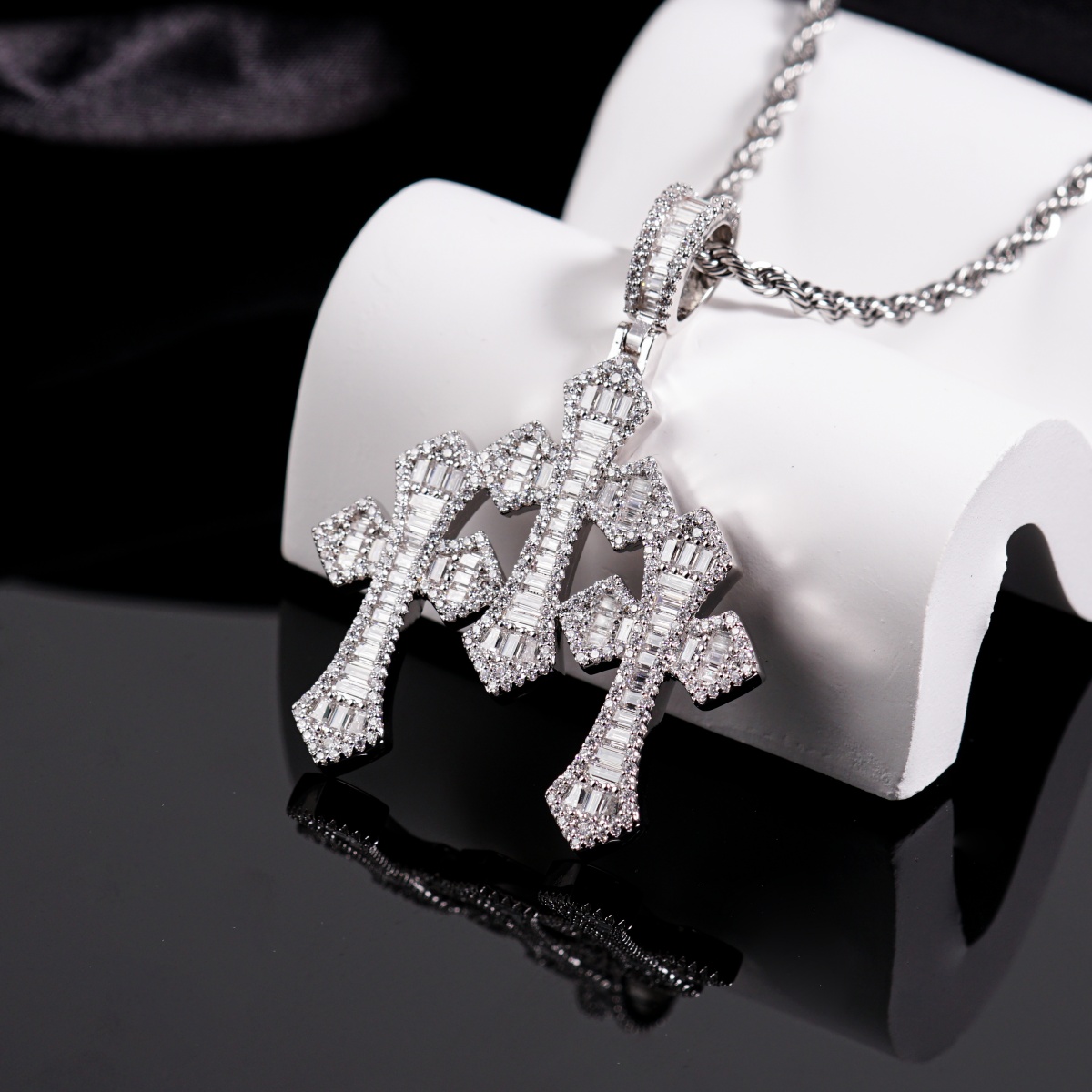 Iced Out Triple Cross Pendant Shining Grace Pendant D Color VVS Synthetic Moissanite Copper Chain
