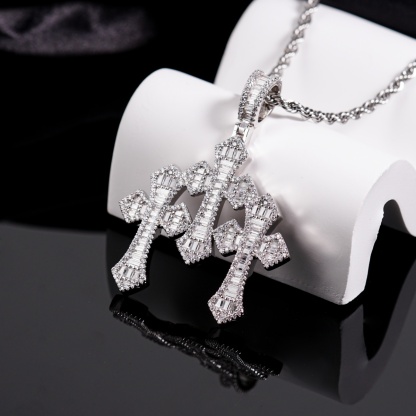 Iced Out Triple Cross Pendant Shining Grace Pendant D Color VVS Synthetic Moissanite Copper Chain