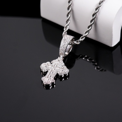 Iced Out Calvary Pendant Baguette Cross Pendant Necklace Chain D Color VVS Synthetic Moissanite Necklace Copper Chain