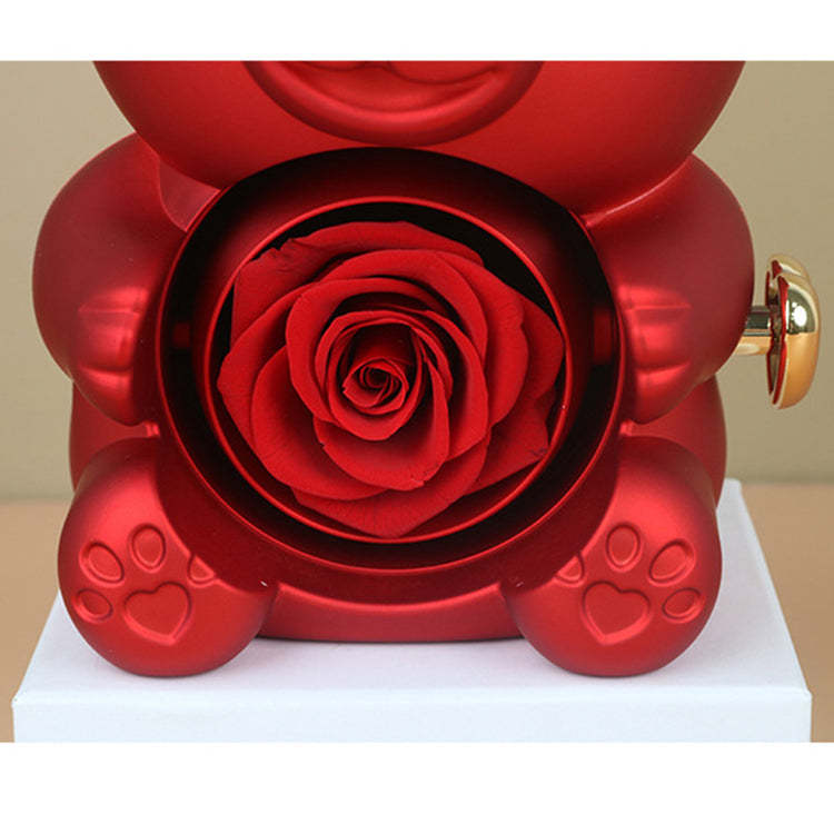 Delzzad Romantic Eternal Rose Cute Hug Bear Jewelry Box - Perfect Valentine's Day Christmas Gift for Her