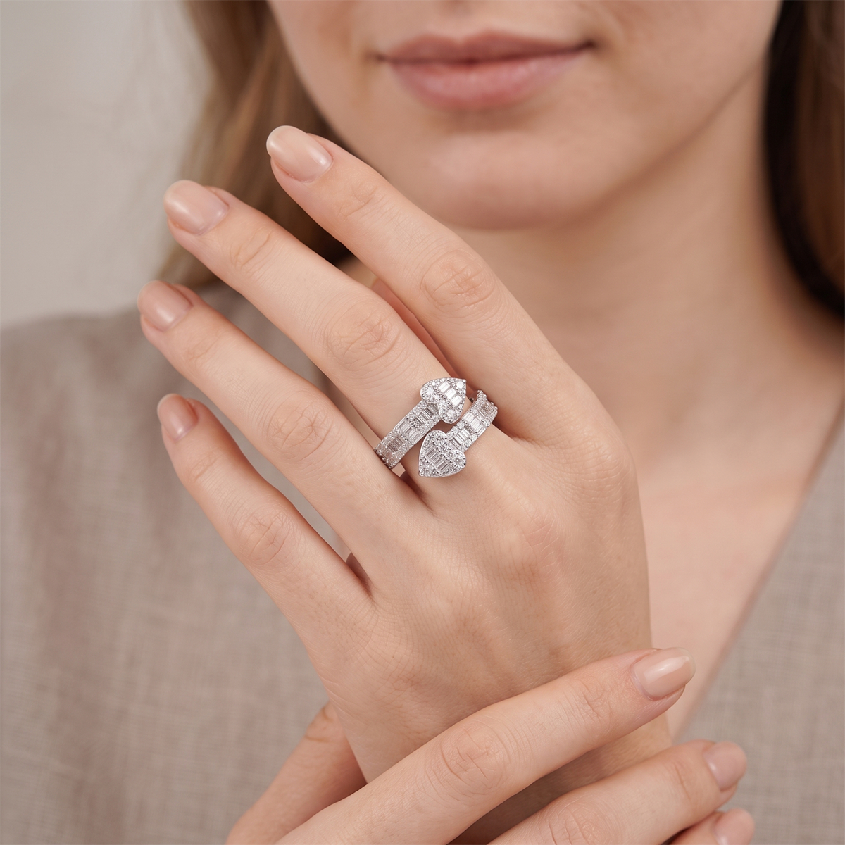 14K Gold-Plated Couplet of Love Ring Double Heart Wrap Ring Band VVS Synthetic Moissanite Ring Exquisite Jewelry for Men Women