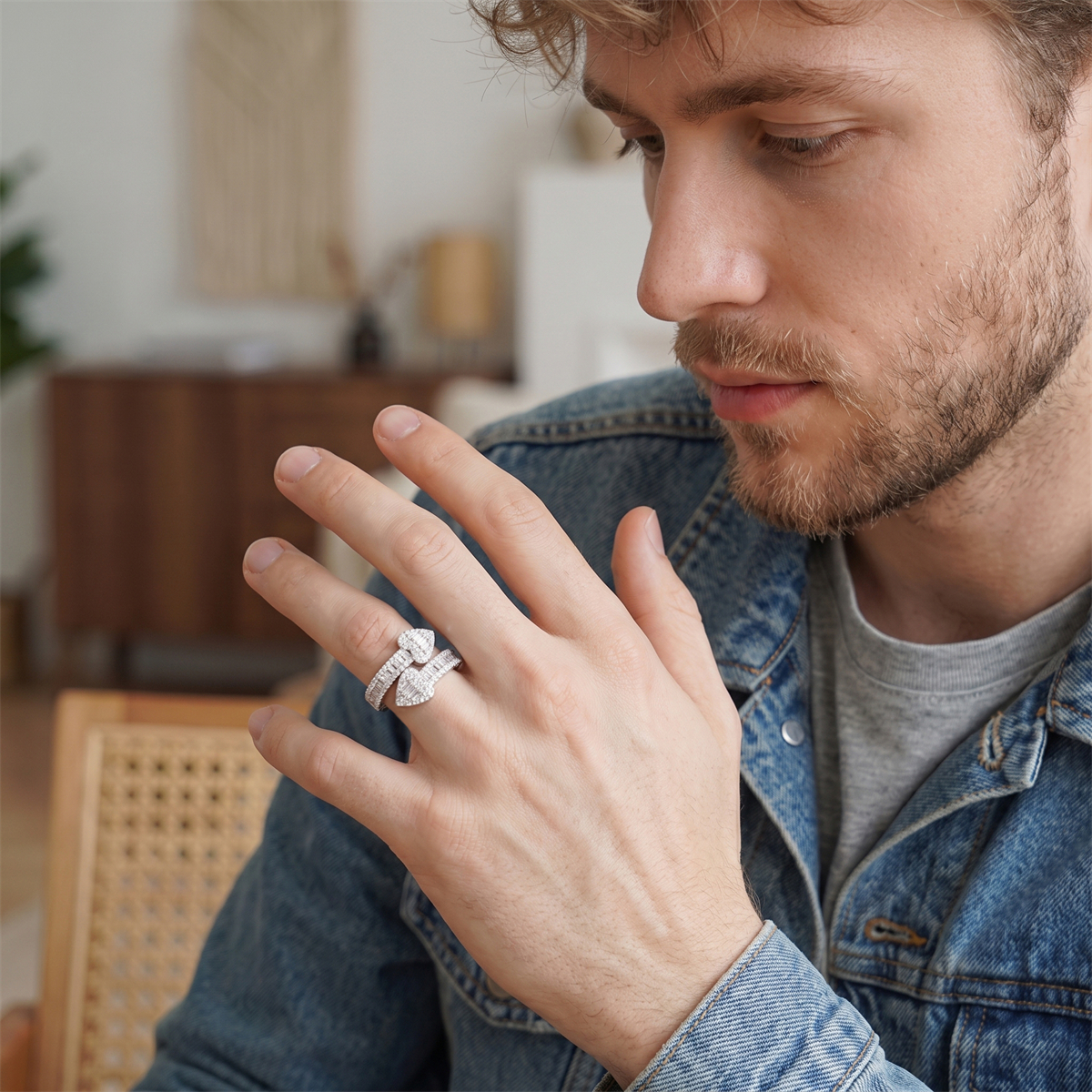14K Gold-Plated Couplet of Love Ring Double Heart Wrap Ring Band VVS Synthetic Moissanite Ring Exquisite Jewelry for Men Women