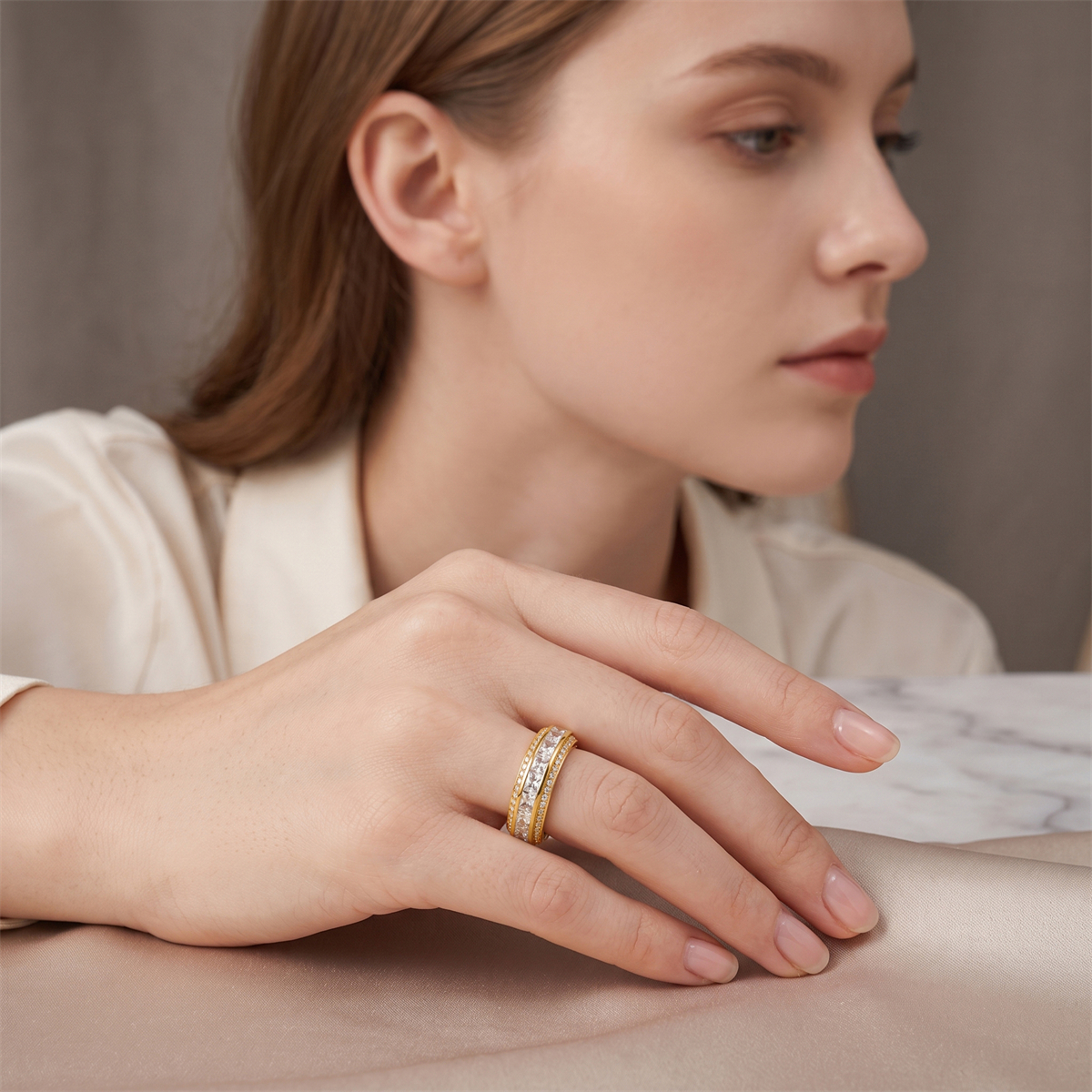 14K Gold-Plated Elysian Gate Ring Unisex Channel Set Eternity Band VVS Synthetic Moissanite Ring Exquisite Jewelry for Men Women